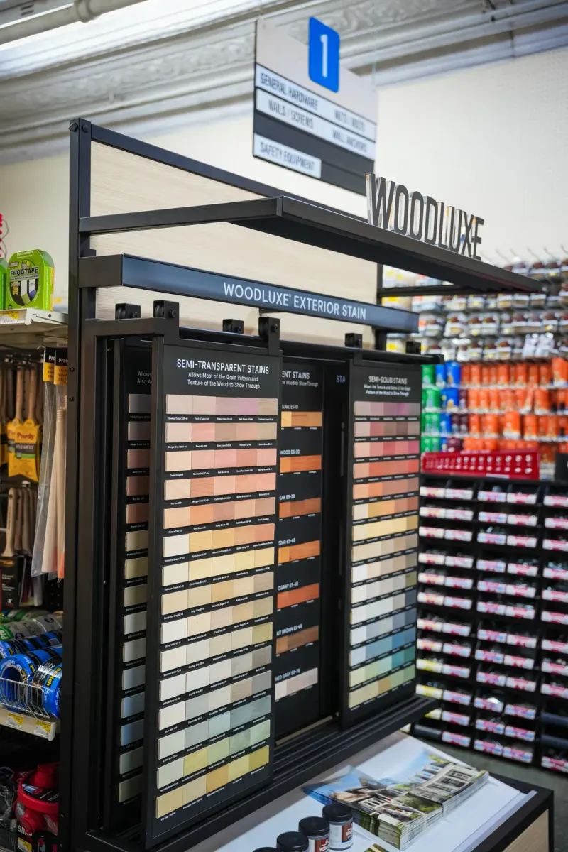 A Woodluxe exterior stain colour display stand in the paint aisle